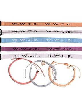 H.W.L.F. & W.W.J.D. -5 Pastel Woven Ribbon & 3 Cord Bracelet Set with Initials